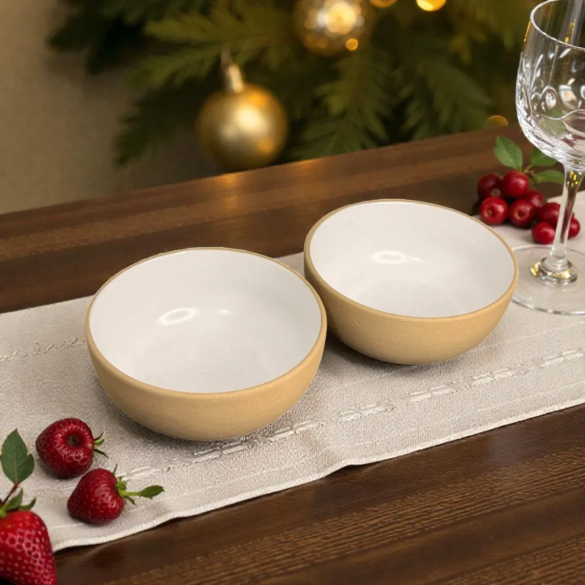 Harmiche SandDune 700 ml Ceramic Serving Bowl Set of 2 – Matte Beige Outside, White Glazed Inside