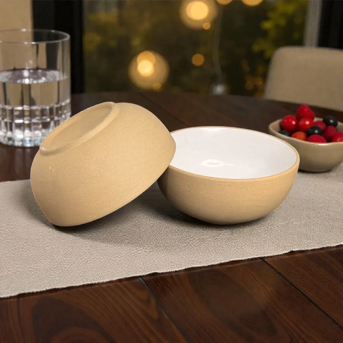 Harmiche SandDune 700 ml Ceramic Serving Bowl Set of 2 – Matte Beige Outside, White Glazed Inside