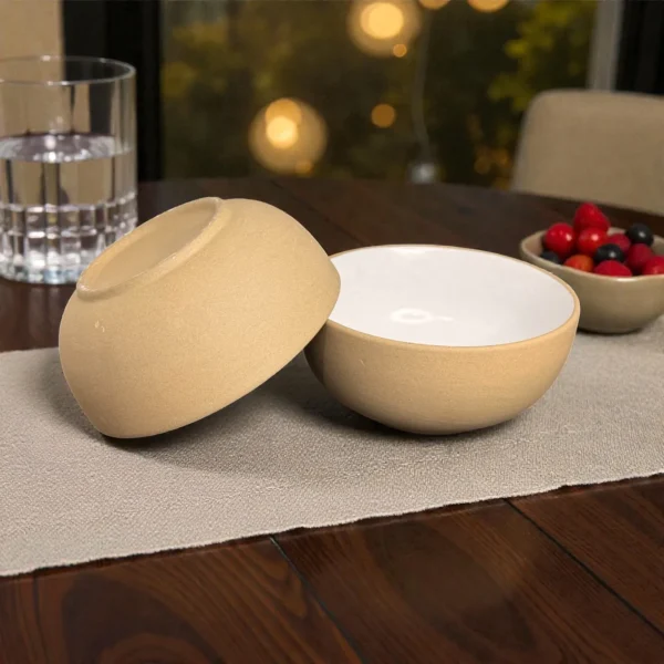 Harmiche SandDune 700 ml Ceramic Serving Bowl Set of 2 – Matte Beige Outside, White Glazed Inside