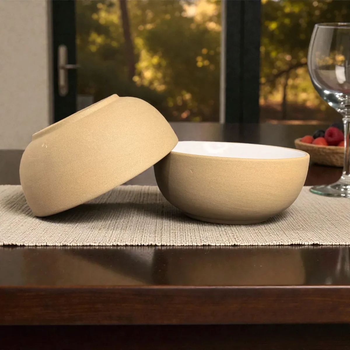 Harmiche SandDune 700 ml Ceramic Serving Bowl Set of 2 – Matte Beige Outside, White Glazed Inside
