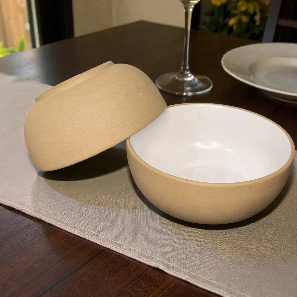 Harmiche SandDune 700 ml Ceramic Serving Bowl Set of 2 – Matte Beige Outside, White Glazed Inside