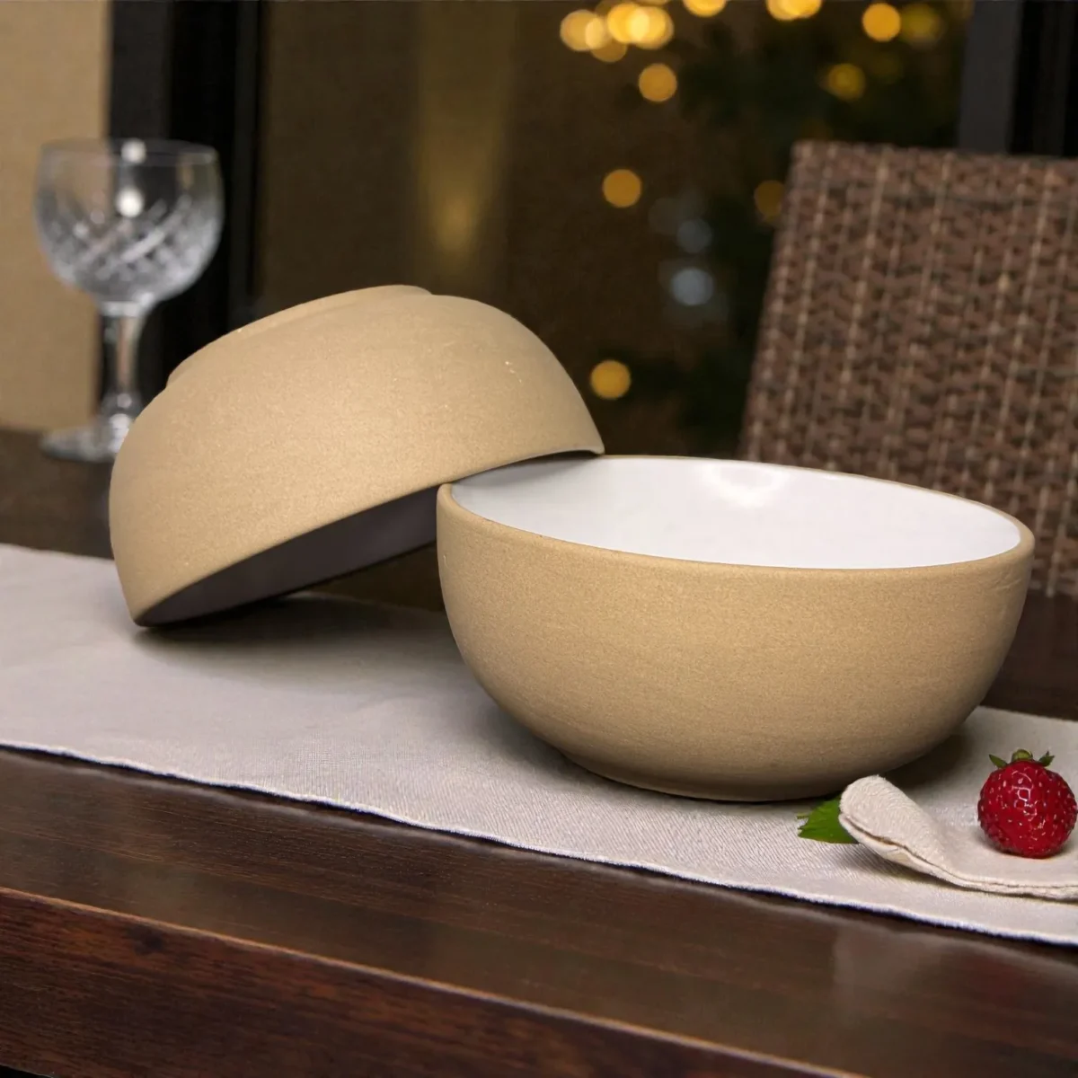 Harmiche SandDune 700 ml Ceramic Serving Bowl Set of 2 – Matte Beige Outside, White Glazed Inside