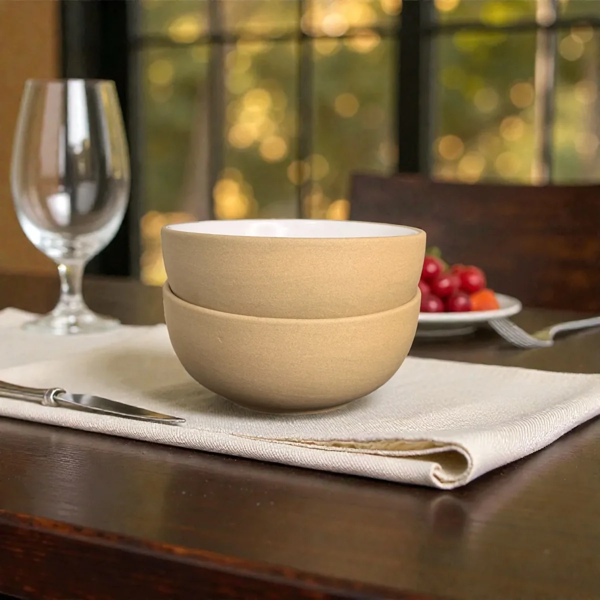 Harmiche SandDune 700 ml Ceramic Serving Bowl Set of 2 – Matte Beige Outside, White Glazed Inside