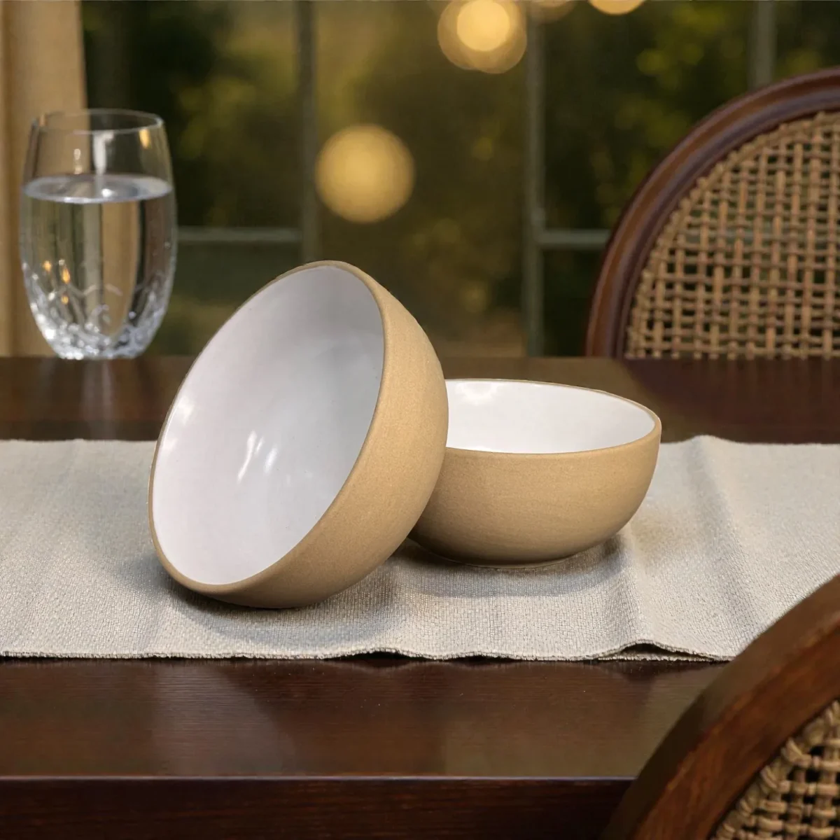 Harmiche SandDune 700 ml Ceramic Serving Bowl Set of 2 – Matte Beige Outside, White Glazed Inside