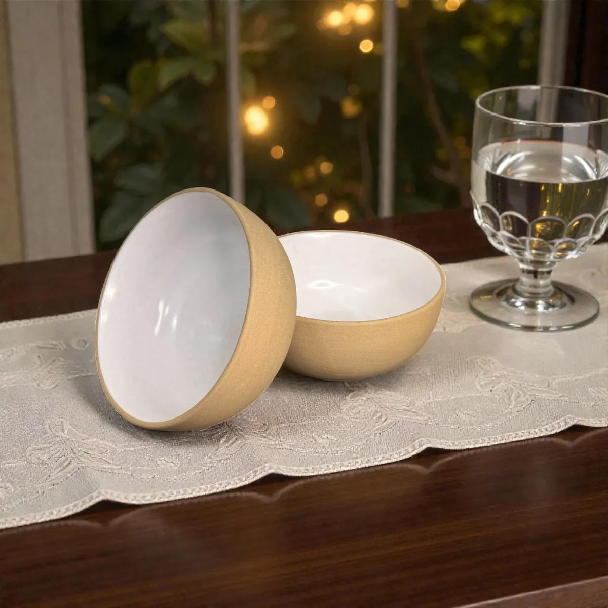 Harmiche SandDune 700 ml Ceramic Serving Bowl Set of 2 – Matte Beige Outside, White Glazed Inside