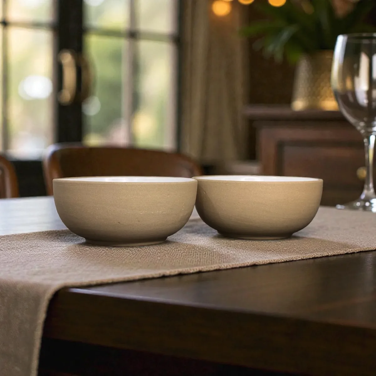 Harmiche SandDune 700 ml Ceramic Serving Bowl Set of 2 – Matte Beige Outside, White Glazed Inside