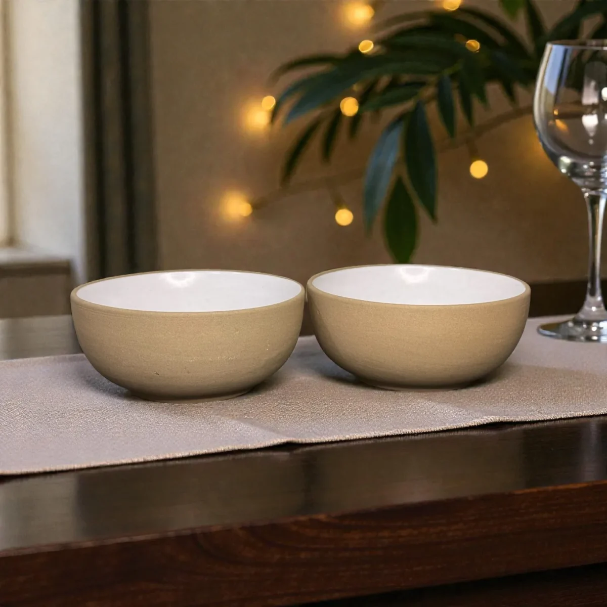 Harmiche SandDune 700 ml Ceramic Serving Bowl Set of 2 – Matte Beige Outside, White Glazed Inside