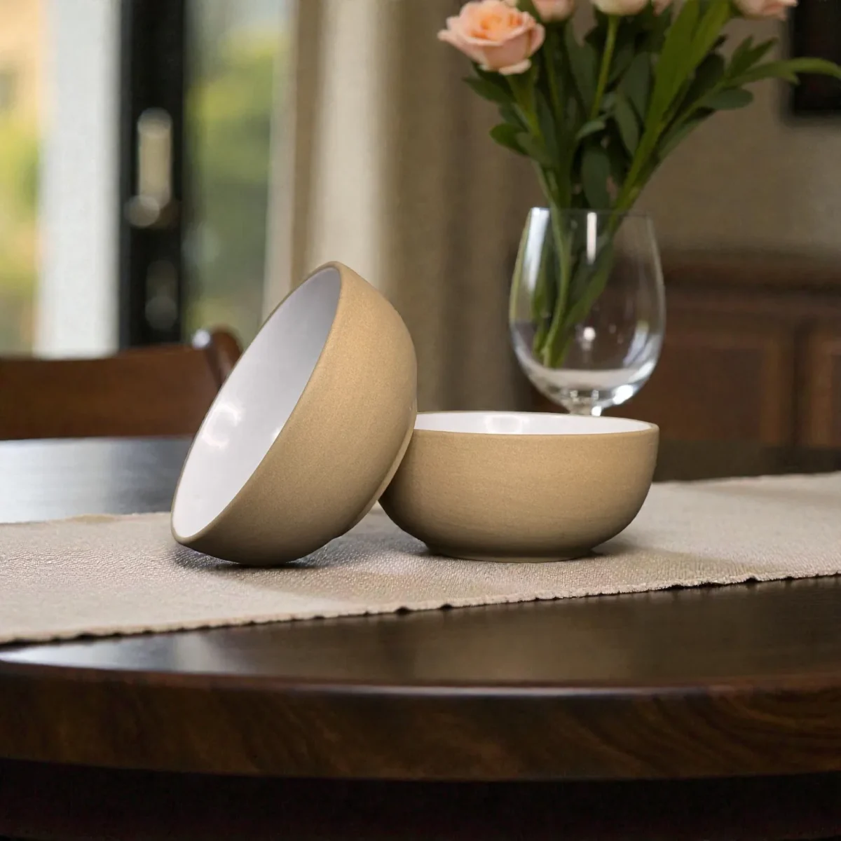 Harmiche SandDune 700 ml Ceramic Serving Bowl Set of 2 – Matte Beige Outside, White Glazed Inside