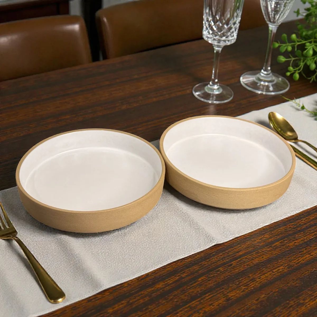 Harmiche SandDune 8-Inch Ceramic Salad Bowl Set of 2 (8” x 1.5”) – Matte Beige Outside, White Glazed Inside