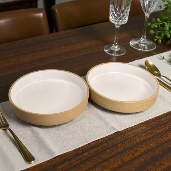 Harmiche SandDune 8-Inch Ceramic Salad Bowl Set of 2 (8” x 1.5”) – Matte Beige Outside, White Glazed Inside