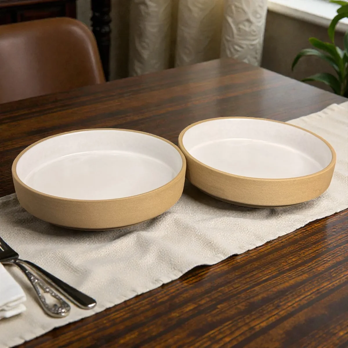 Harmiche SandDune 8-Inch Ceramic Salad Bowl Set of 2 (8” x 1.5”) – Matte Beige Outside, White Glazed Inside
