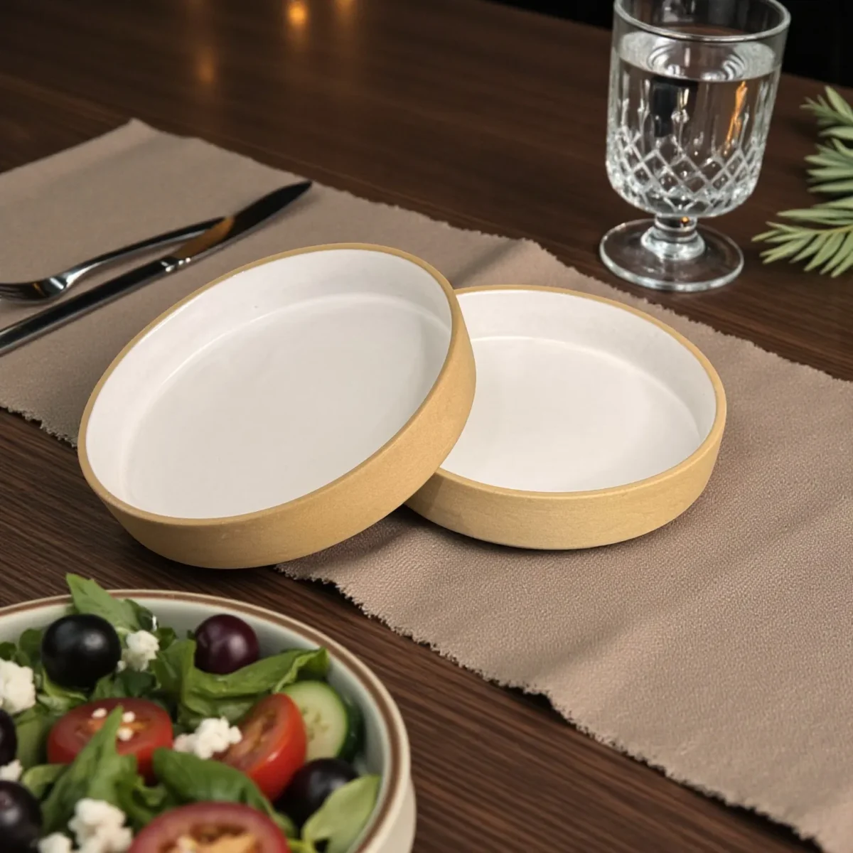 Harmiche SandDune 8-Inch Ceramic Salad Bowl Set of 2 (8” x 1.5”) – Matte Beige Outside, White Glazed Inside