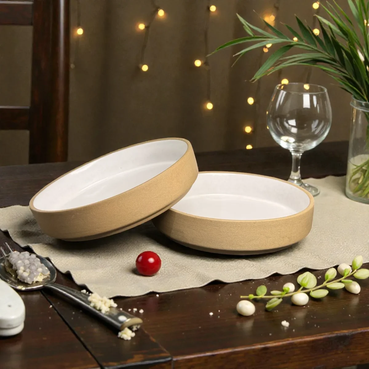 Harmiche SandDune 8-Inch Ceramic Salad Bowl Set of 2 (8” x 1.5”) – Matte Beige Outside, White Glazed Inside