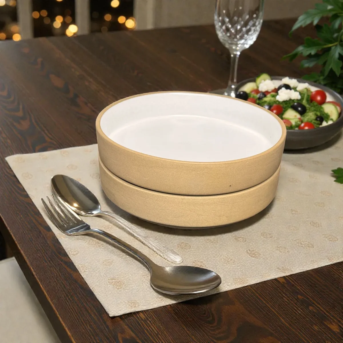 Harmiche SandDune 8-Inch Ceramic Salad Bowl Set of 2 (8” x 1.5”) – Matte Beige Outside, White Glazed Inside
