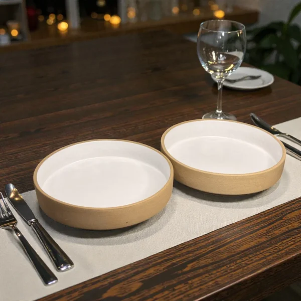 Harmiche SandDune 8-Inch Ceramic Salad Bowl Set of 2 (8” x 1.5”) – Matte Beige Outside, White Glazed Inside