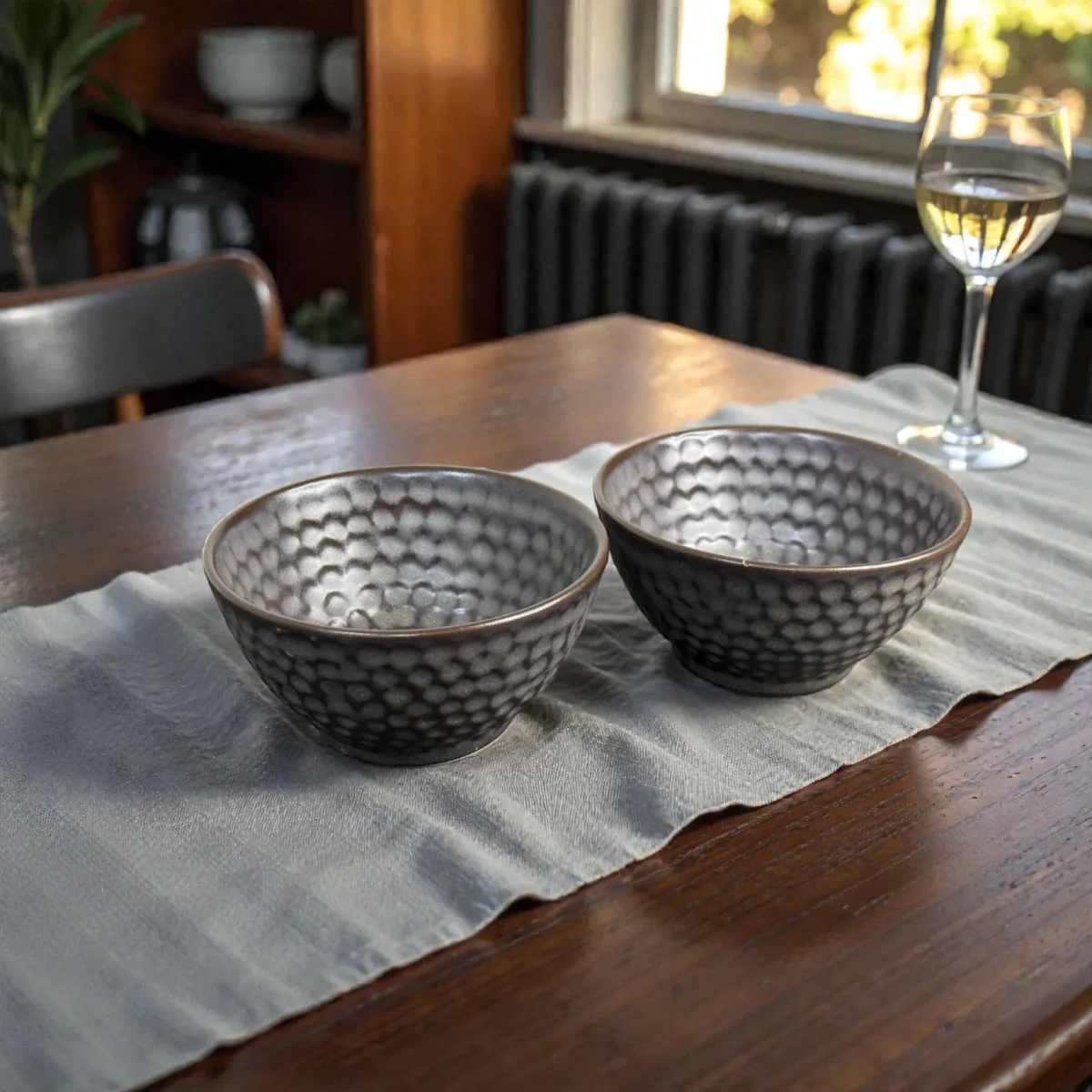 Harmiche Graphite Pebble 300 ml Ceramic Soup Bowl Set of 2 – Dimpled Glazed Finish