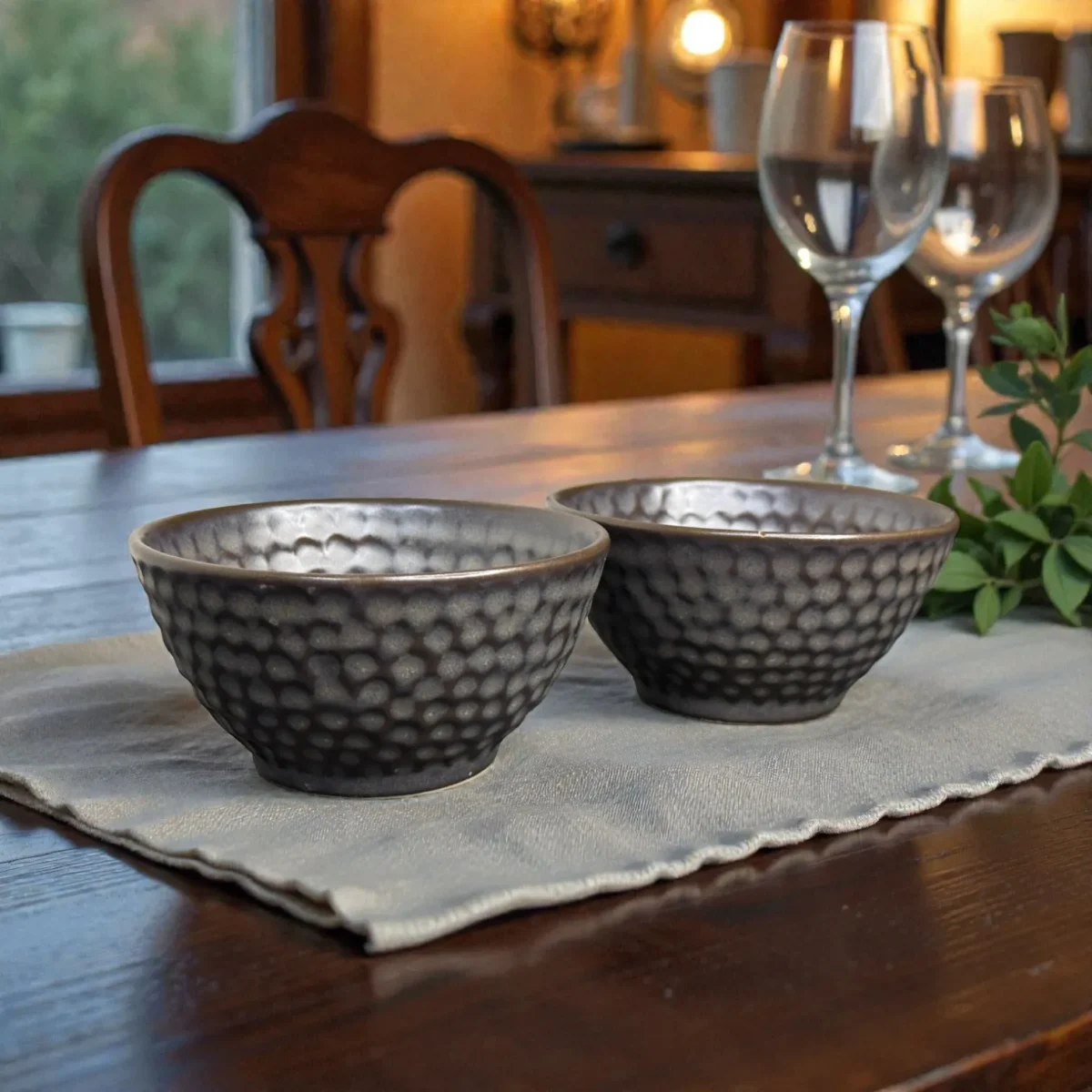 Harmiche Graphite Pebble 300 ml Ceramic Soup Bowl Set of 2 – Dimpled Glazed Finish