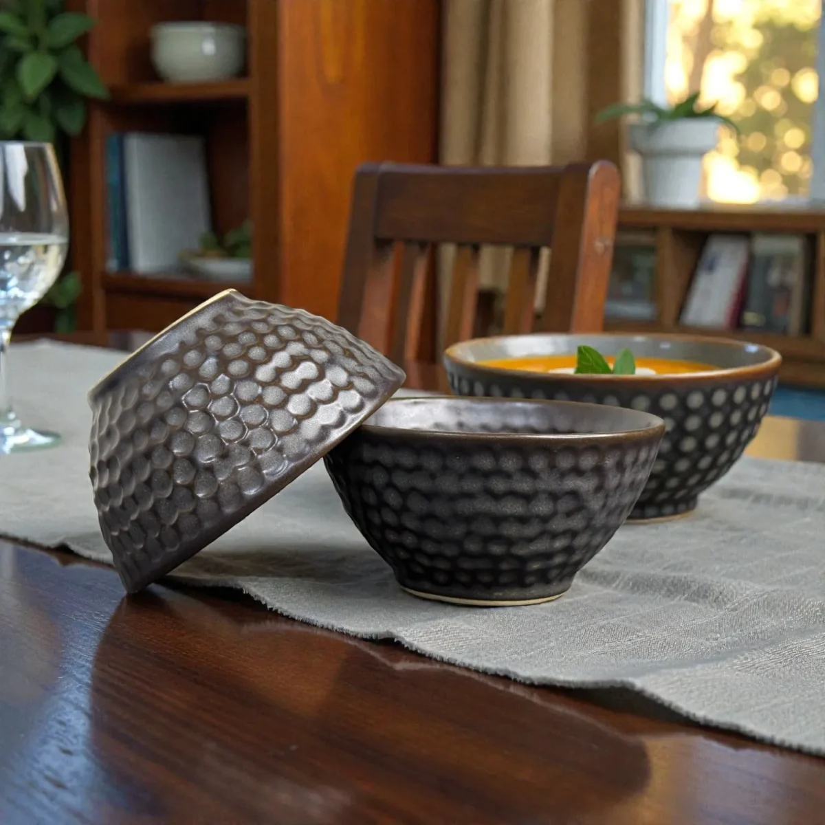 Harmiche Graphite Pebble 300 ml Ceramic Soup Bowl Set of 2 – Dimpled Glazed Finish