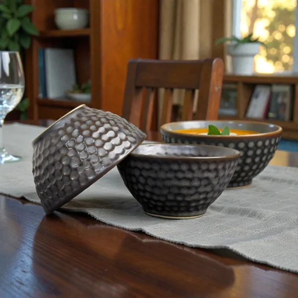 Harmiche Graphite Pebble 300 ml Ceramic Soup Bowl Set of 2 – Dimpled Glazed Finish