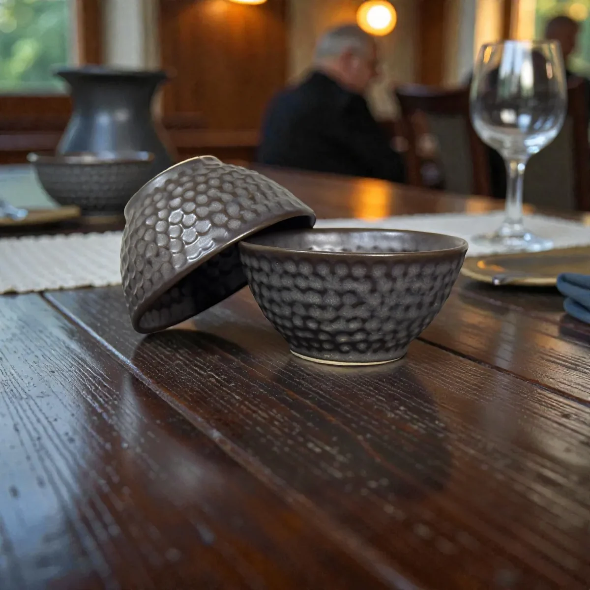 Harmiche Graphite Pebble 300 ml Ceramic Soup Bowl Set of 2 – Dimpled Glazed Finish