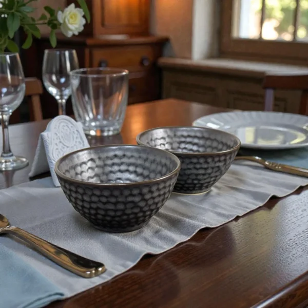 Harmiche Graphite Pebble 300 ml Ceramic Soup Bowl Set of 2 – Dimpled Glazed Finish