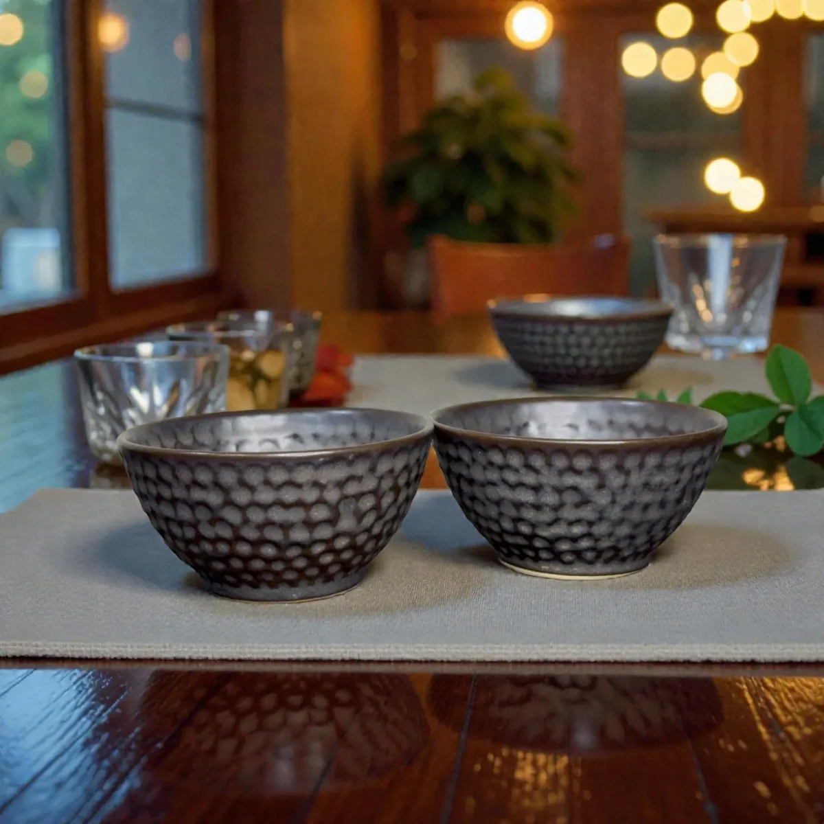 Harmiche Graphite Pebble 300 ml Ceramic Soup Bowl Set of 2 – Dimpled Glazed Finish