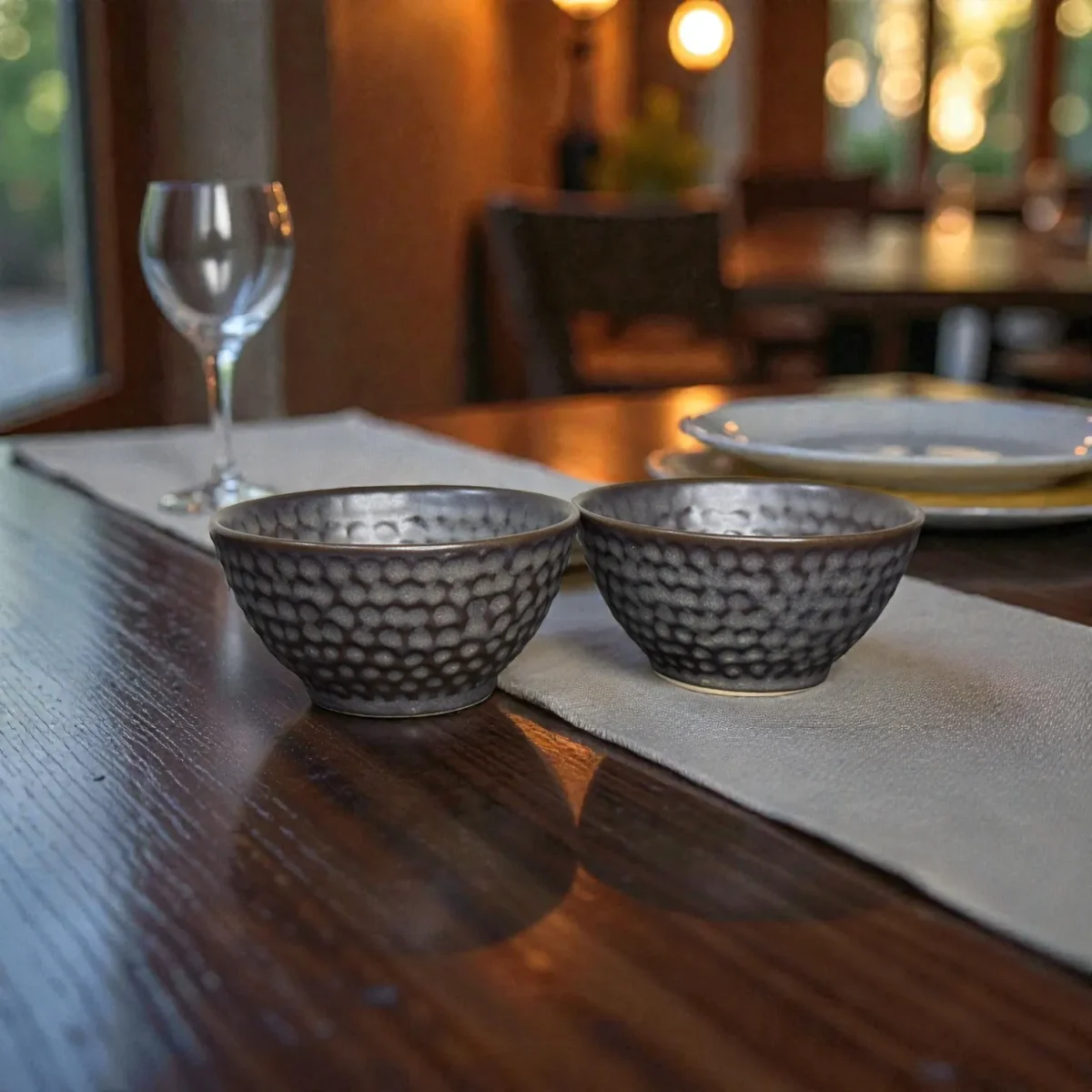Harmiche Graphite Pebble 300 ml Ceramic Soup Bowl Set of 2 – Dimpled Glazed Finish