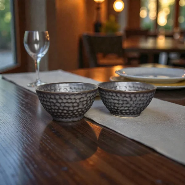 Harmiche Graphite Pebble 300 ml Ceramic Soup Bowl Set of 2 – Dimpled Glazed Finish