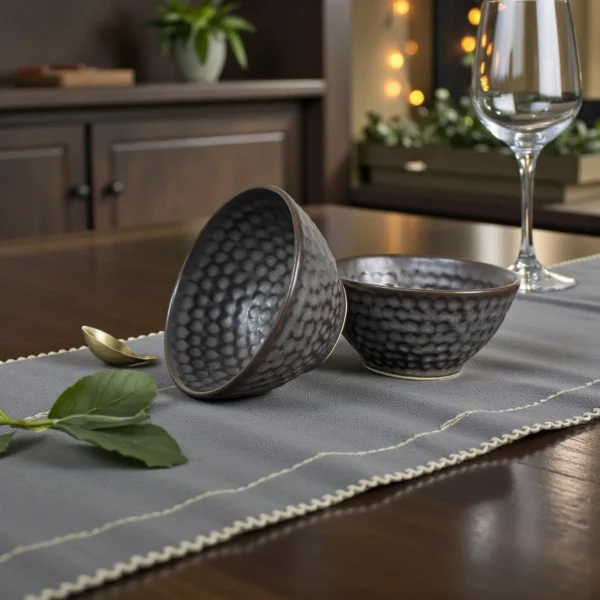 Harmiche Graphite Pebble 300 ml Ceramic Soup Bowl Set of 2 – Dimpled Glazed Finish