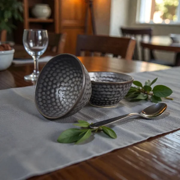 Harmiche Graphite Pebble 300 ml Ceramic Soup Bowl Set of 2 – Dimpled Glazed Finish