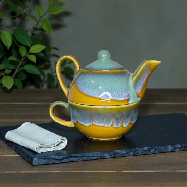 Harmiche AmberSky Stackable Solo Tea Set – 300 ml Ceramic Teapot + 200 ml Cup (2-in-1 Tea for One)