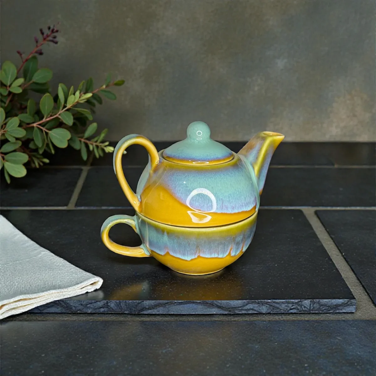 Harmiche AmberSky Stackable Solo Tea Set – 300 ml Ceramic Teapot + 200 ml Cup (2-in-1 Tea for One)