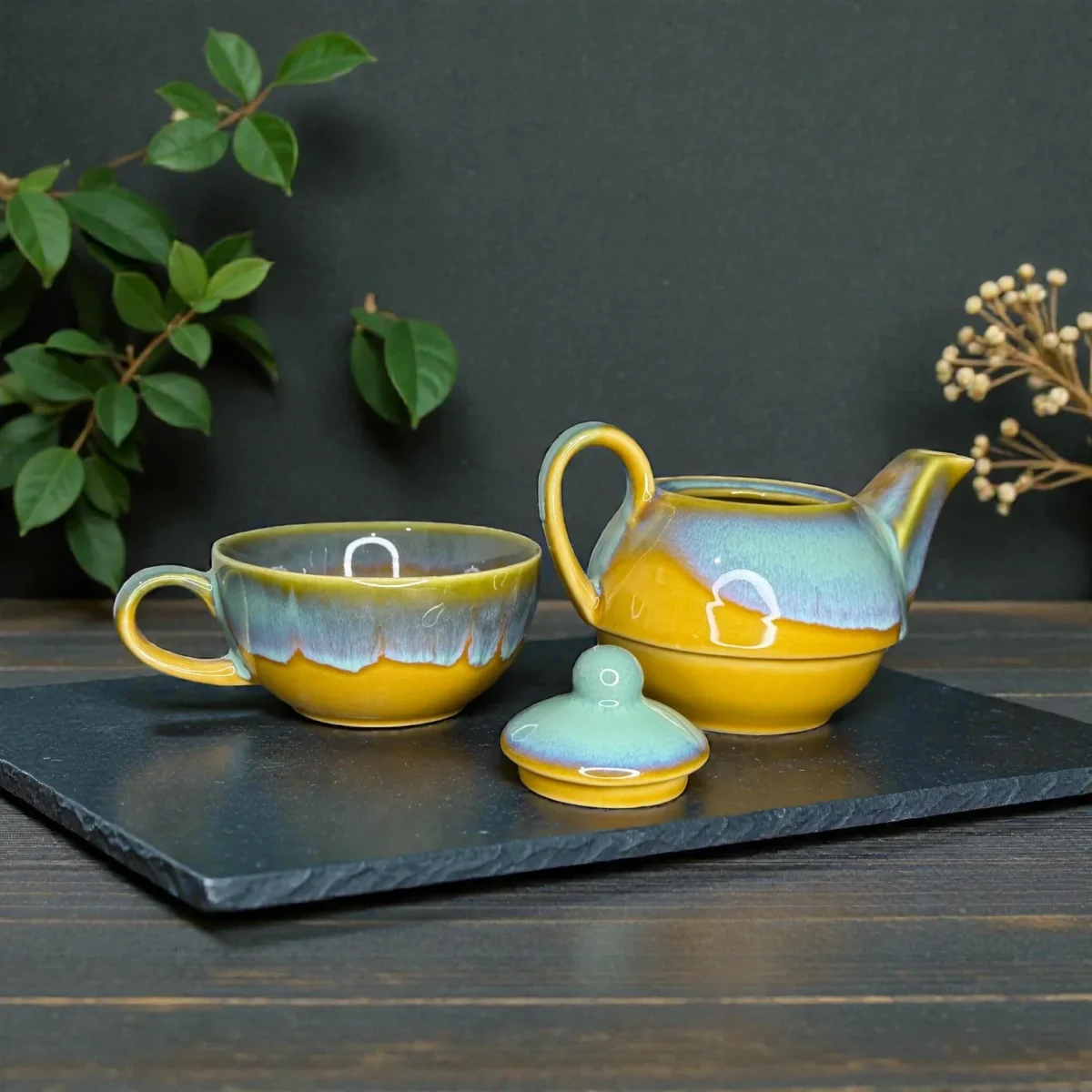 Harmiche AmberSky Stackable Solo Tea Set – 300 ml Ceramic Teapot + 200 ml Cup (2-in-1 Tea for One)