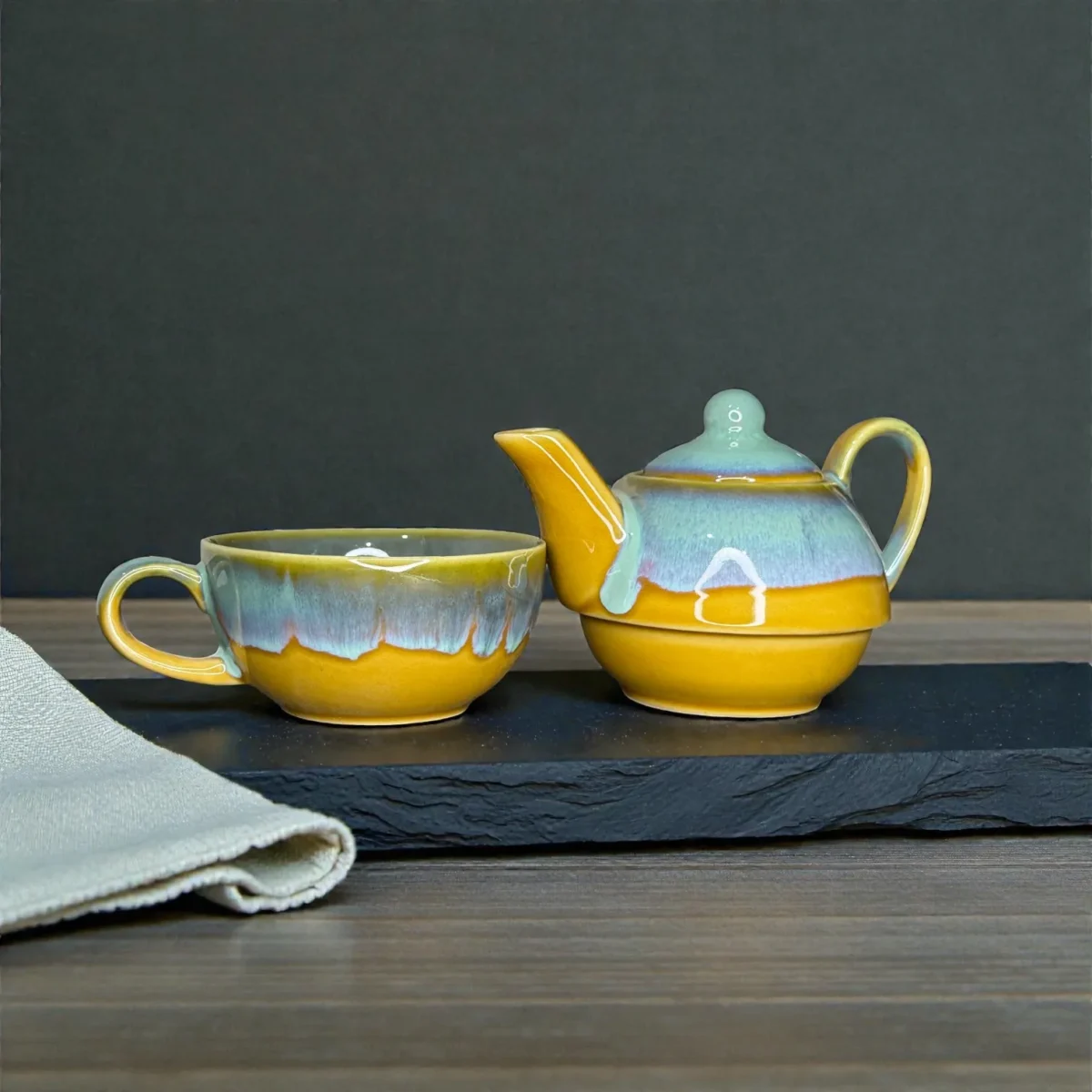 Harmiche AmberSky Stackable Solo Tea Set – 300 ml Ceramic Teapot + 200 ml Cup (2-in-1 Tea for One)