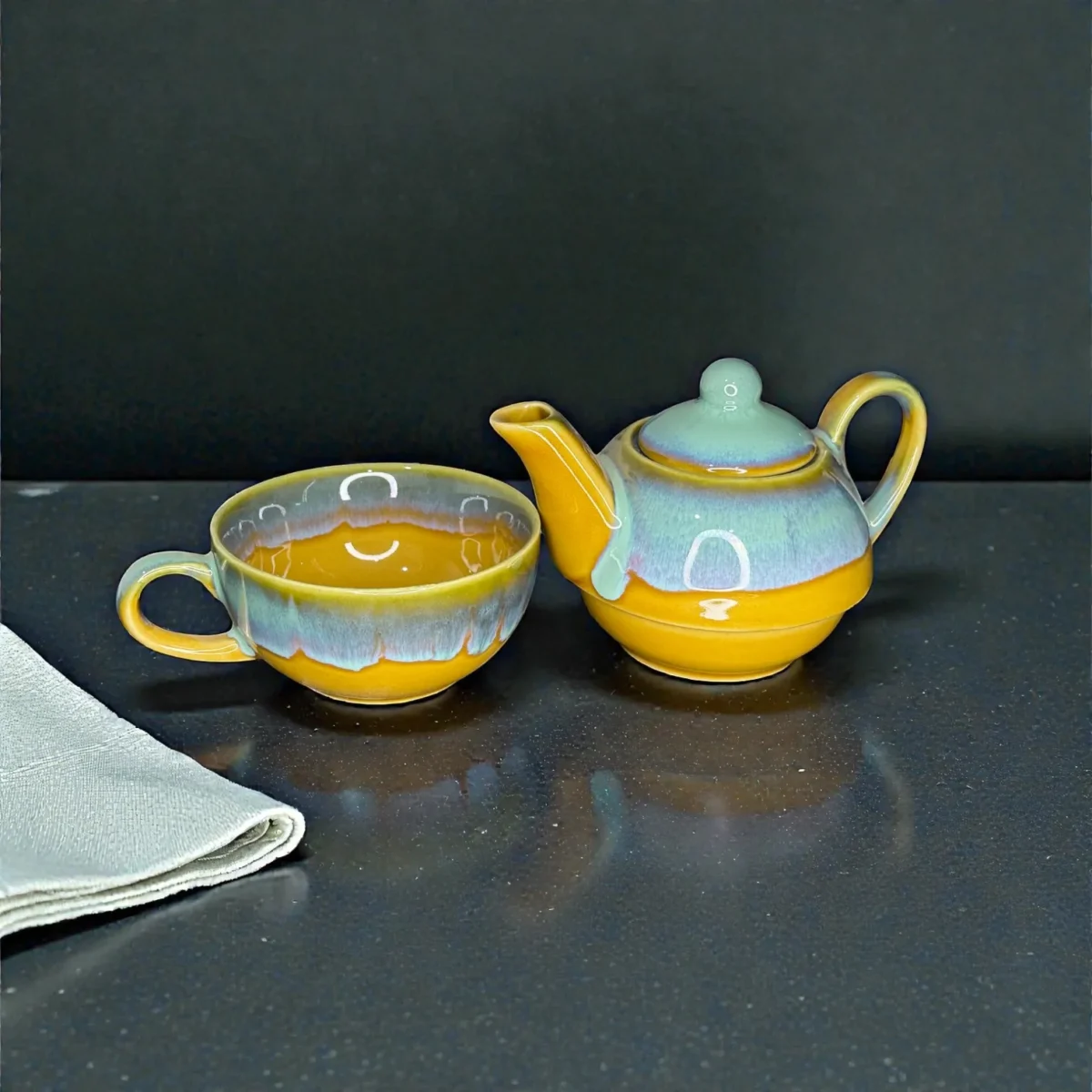 Harmiche AmberSky Stackable Solo Tea Set – 300 ml Ceramic Teapot + 200 ml Cup (2-in-1 Tea for One)