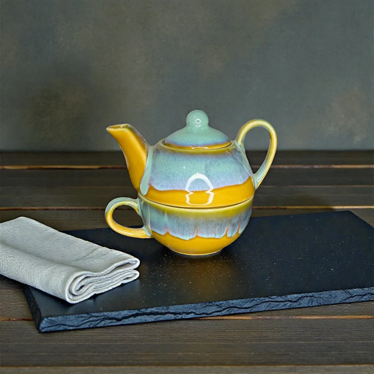 Harmiche AmberSky Stackable Solo Tea Set – 300 ml Ceramic Teapot + 200 ml Cup (2-in-1 Tea for One)