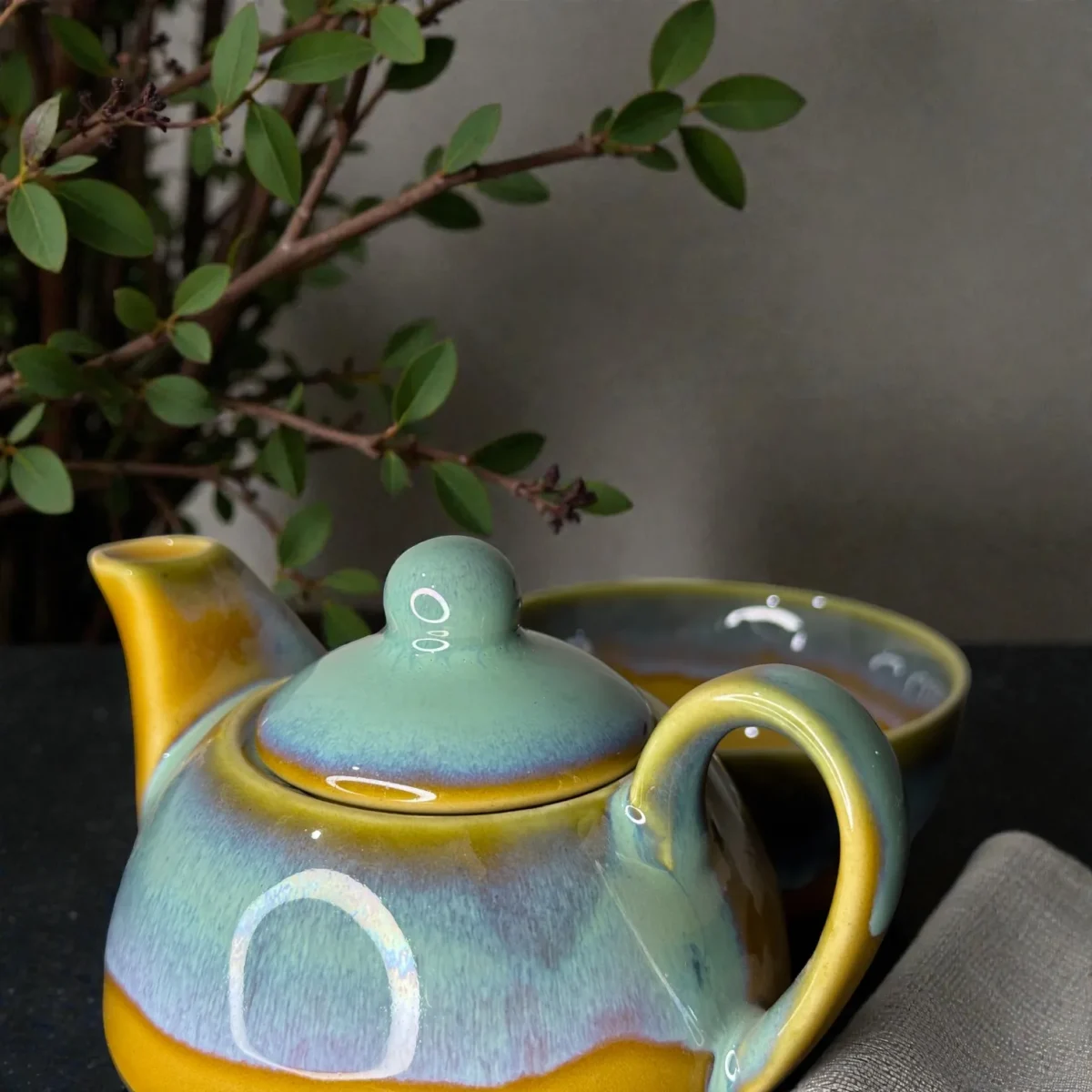 Harmiche AmberSky Stackable Solo Tea Set – 300 ml Ceramic Teapot + 200 ml Cup (2-in-1 Tea for One)