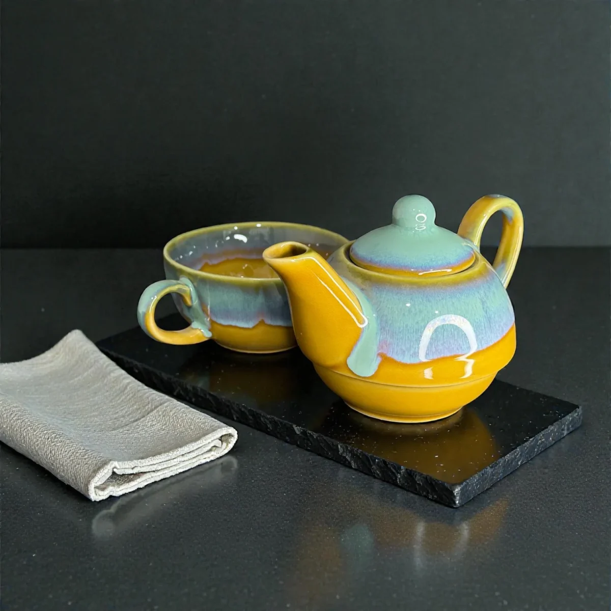 Harmiche AmberSky Stackable Solo Tea Set – 300 ml Ceramic Teapot + 200 ml Cup (2-in-1 Tea for One)