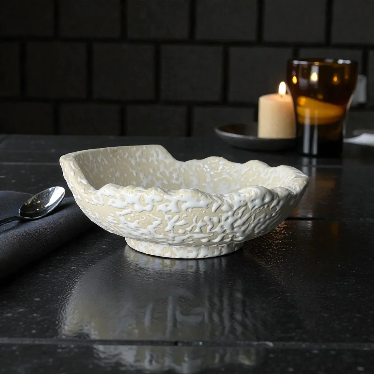 Harmiche IvoryCrater Double-Wall Ceramic Serving Bowl – 7 Inch (750 ml) | Hot Food Soup, Curry & Noodle Bowl