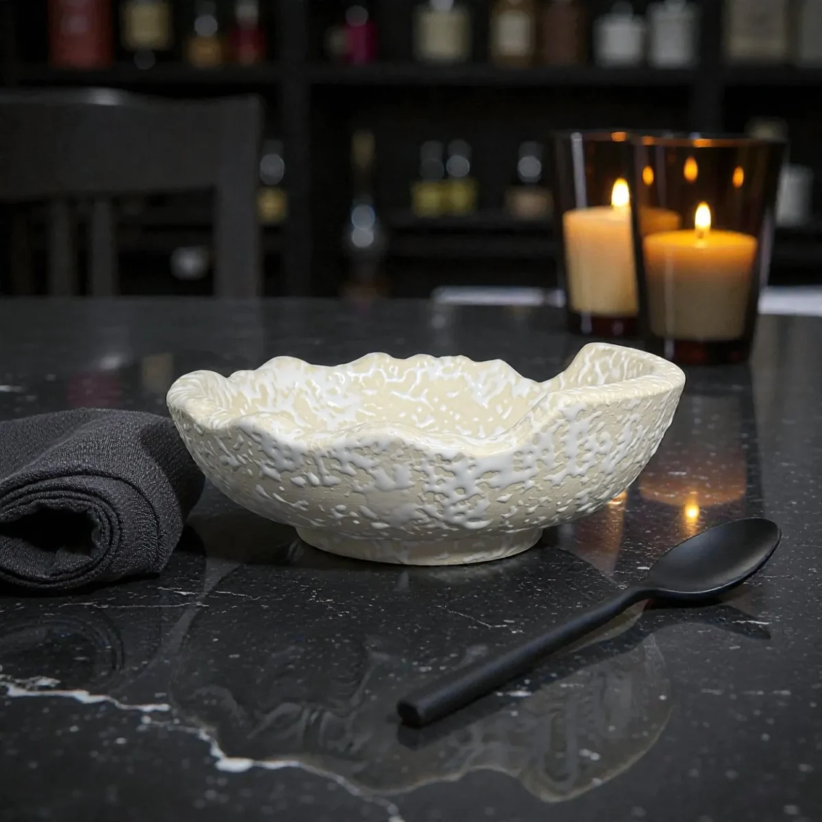 Harmiche IvoryCrater Double-Wall Ceramic Serving Bowl – 7 Inch (750 ml) | Hot Food Soup, Curry & Noodle Bowl