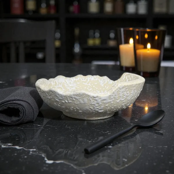 Harmiche IvoryCrater Double-Wall Ceramic Serving Bowl – 7 Inch (750 ml) | Hot Food Soup, Curry & Noodle Bowl