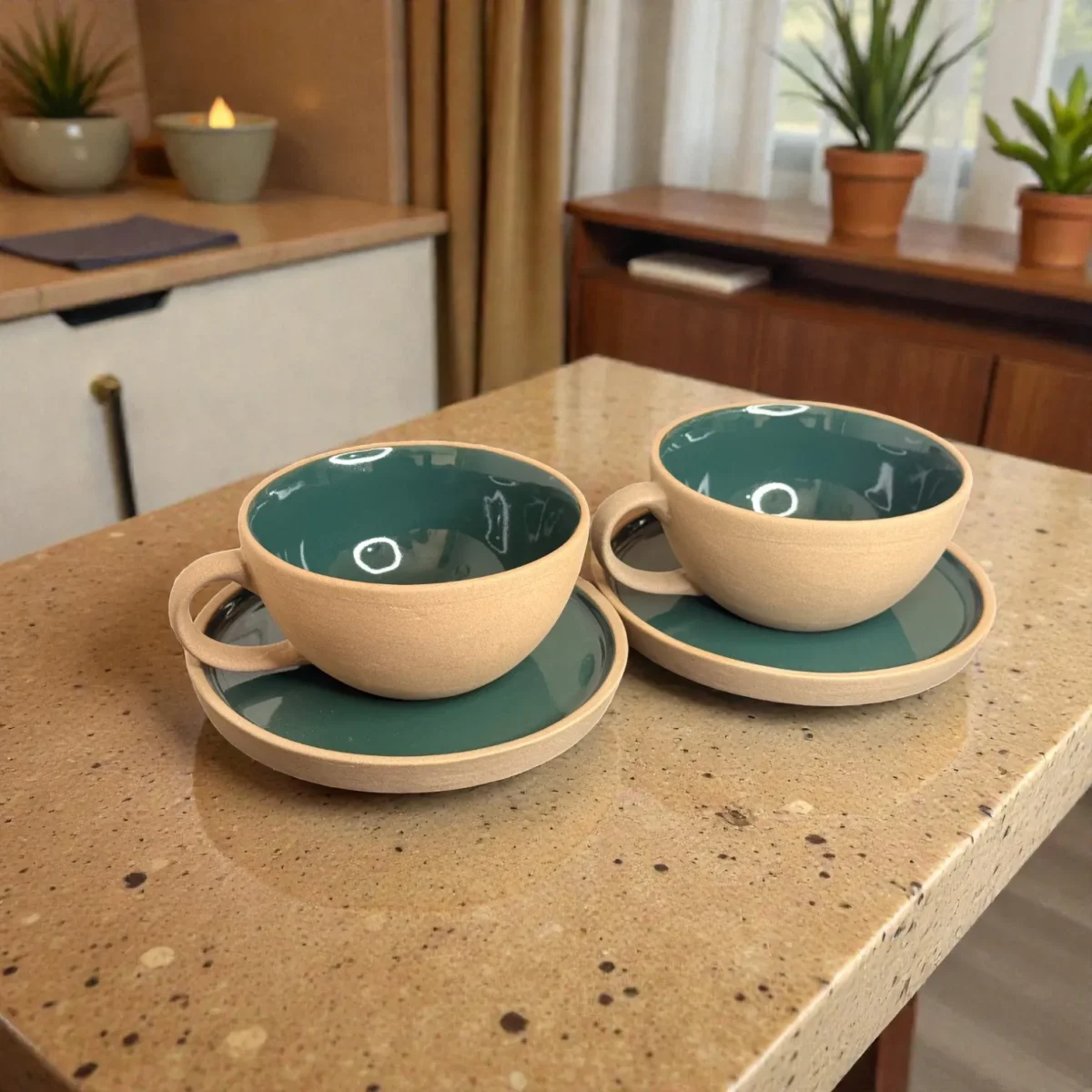 Harmiche SageTide Ceramic Cup and Saucer Set (Set of 2) – 300ml Tea/Coffee Cups with Matching Saucers