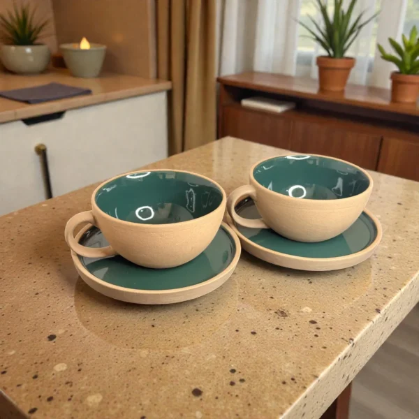 Harmiche SageTide Ceramic Cup and Saucer Set (Set of 2) – 300ml Tea/Coffee Cups with Matching Saucers