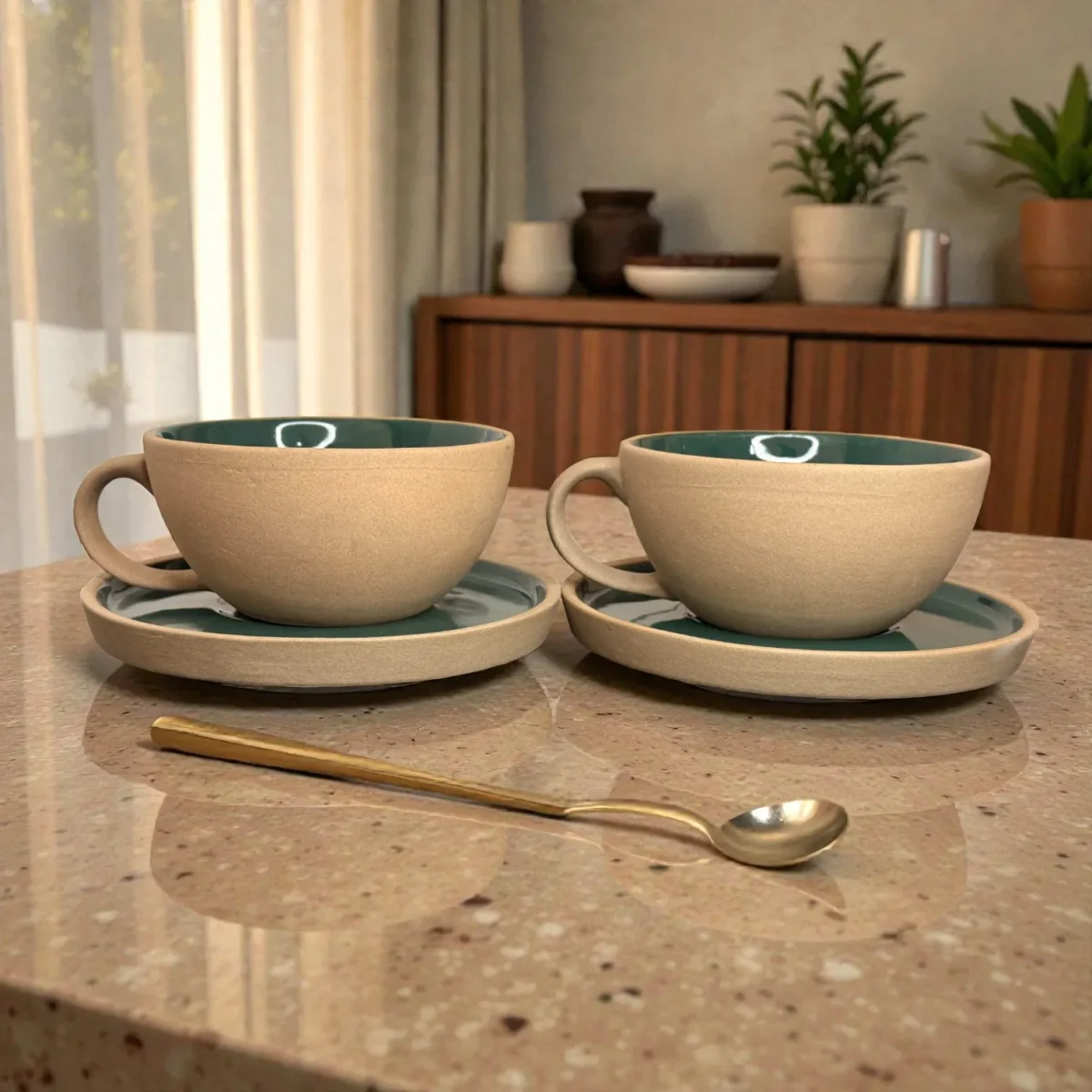 Harmiche SageTide Ceramic Cup & Saucer Set (Set of 2) – 300ml Tea/Coffee Cups with Matching Saucers