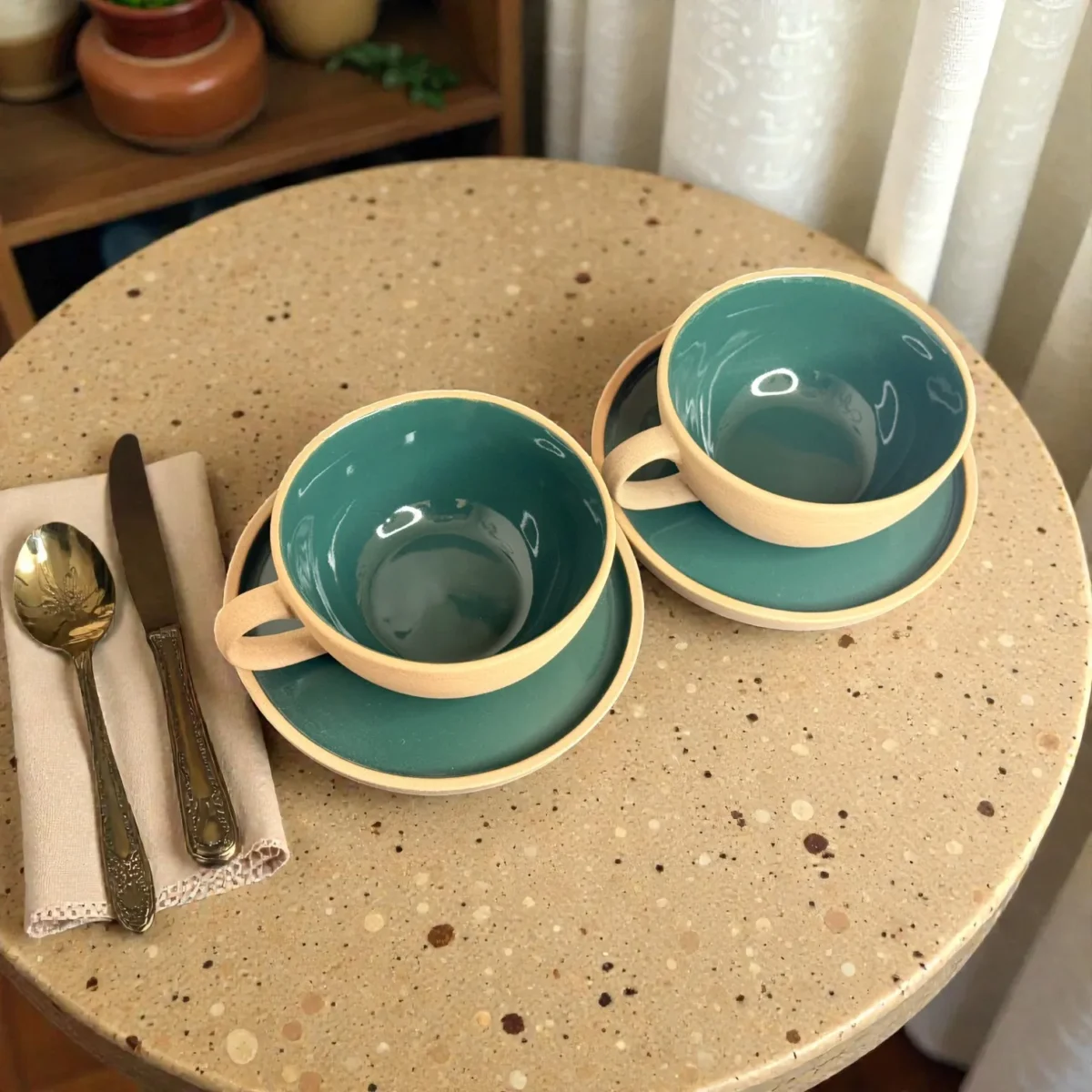 Harmiche SageTide Ceramic Cup & Saucer Set (Set of 2) – 300ml Tea/Coffee Cups with Matching Saucers