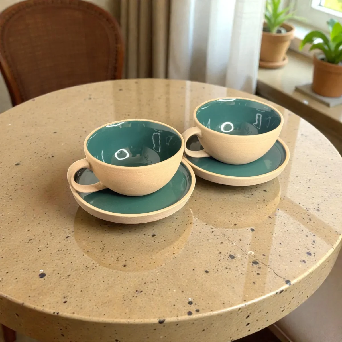 Harmiche SageTide Ceramic Cup & Saucer Set (Set of 2) – 300ml Tea/Coffee Cups with Matching Saucers