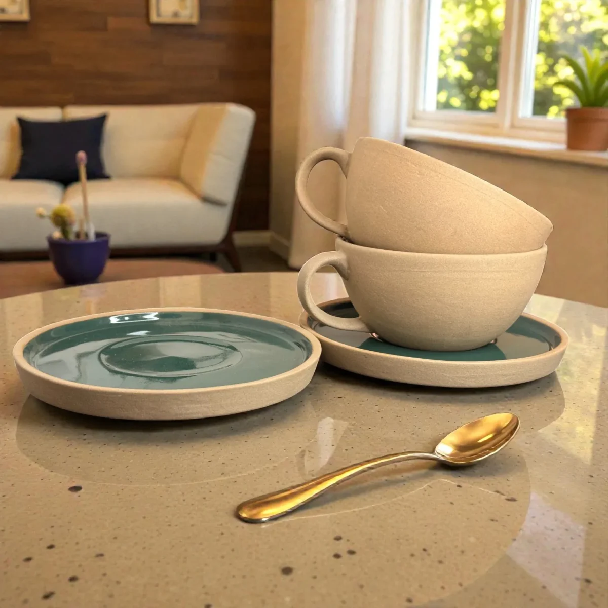 Harmiche SageTide Ceramic Cup & Saucer Set (Set of 2) – 300ml Tea/Coffee Cups with Matching Saucers