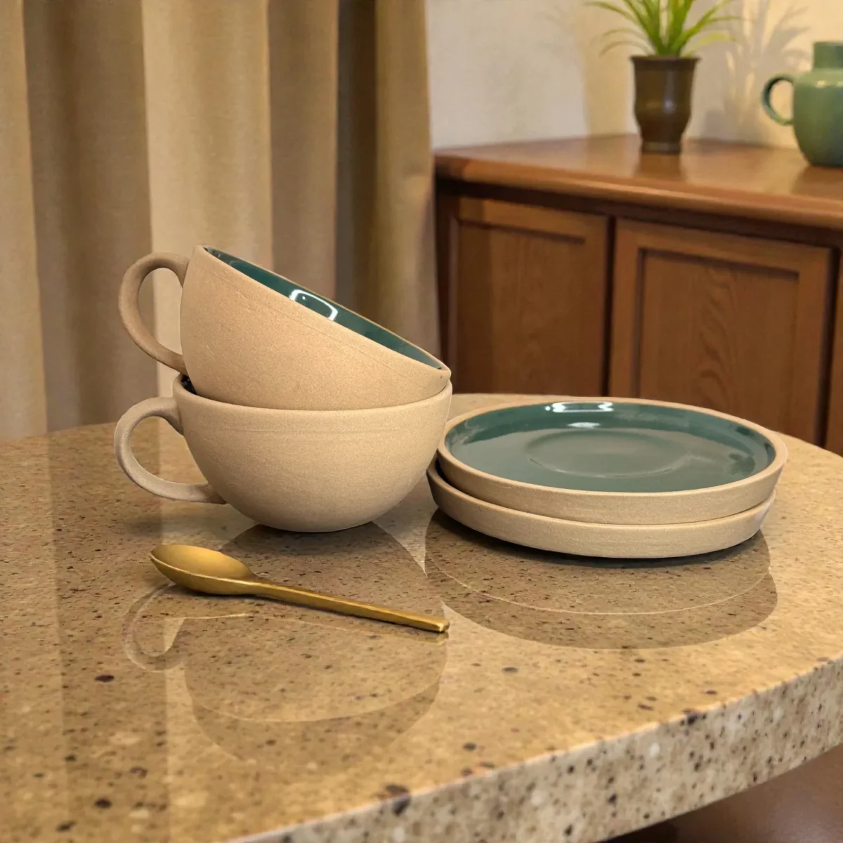 Harmiche SageTide Ceramic Cup & Saucer Set (Set of 2) – 300ml Tea/Coffee Cups with Matching Saucers
