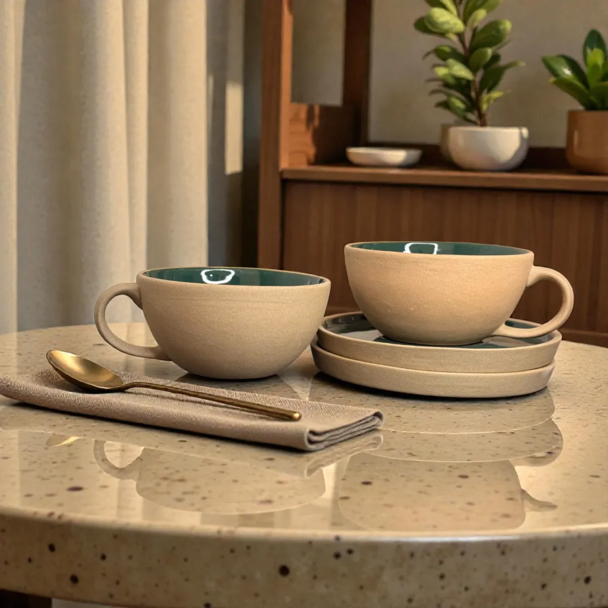 Harmiche SageTide Ceramic Cup & Saucer Set (Set of 2) – 300ml Tea/Coffee Cups with Matching Saucers