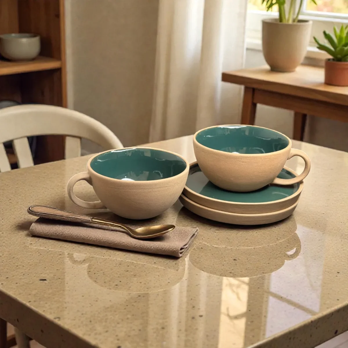 Harmiche SageTide Ceramic Cup & Saucer Set (Set of 2) – 300ml Tea/Coffee Cups with Matching Saucers